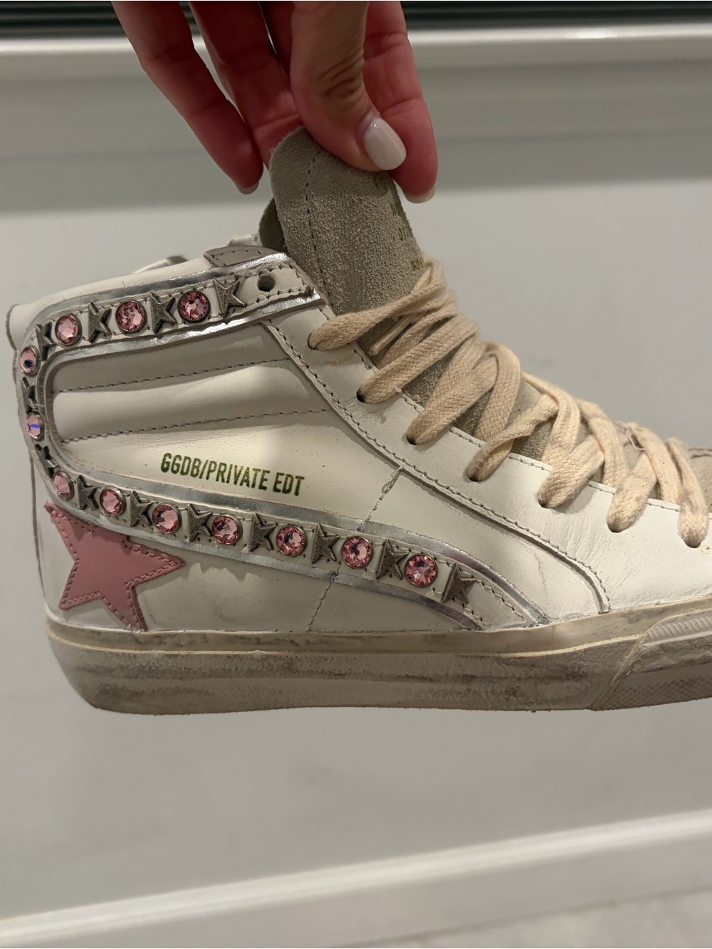 Golden Goose White High-Top Sneaker with Pink Star & Pink Gem Trim